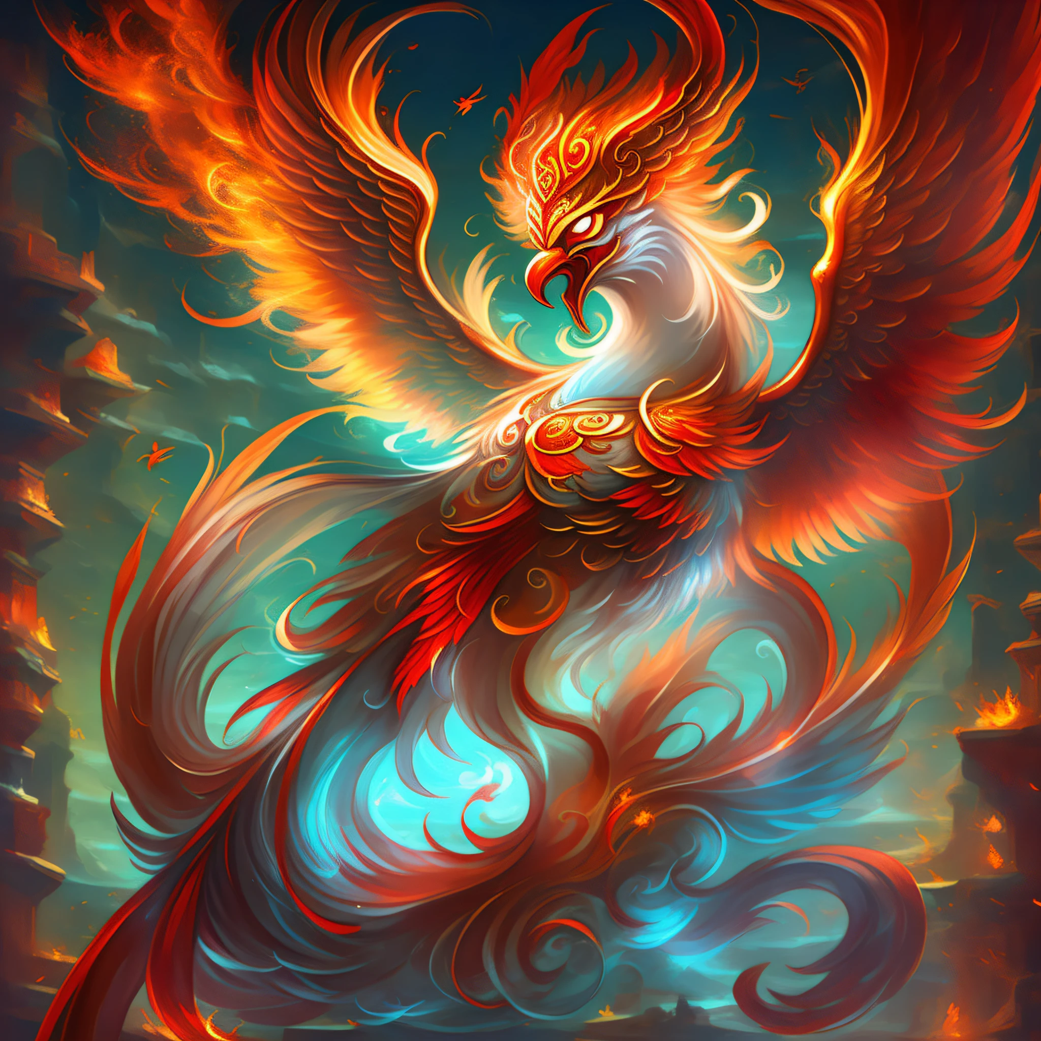 红凤凰, 吉祥平安的象征, 也是忠诚和贞洁的体现, 或勇敢与智慧的化身, 不断驱使红色的火焰, 画得很可爱