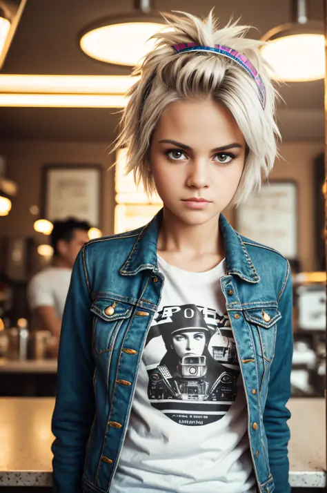 analog style, photo of a woman, art by Diane Arbus, cute punk rock girl, mad max jacket, white t-shirt, hyper realistic style, highlight hair, standing in a diner, wearing a white t-shirt, rim lighting, studio lighting, looking at the camera, ultra quality...