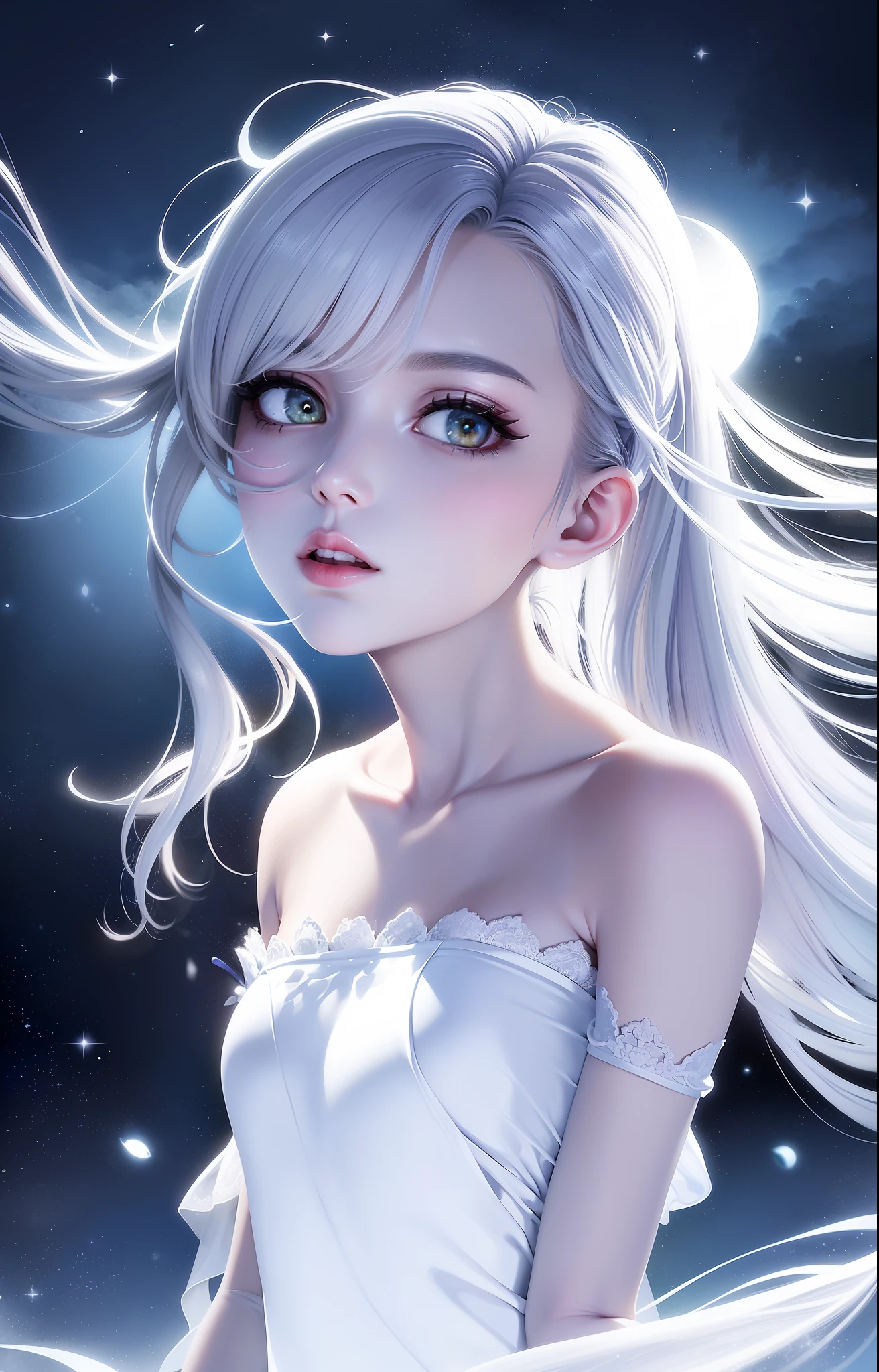 Masterpiece, (Best quality: 1.2), (Super Fine: 1.2), Illustrations, (Extremely delicate and beautiful: 1.2), Cinematic angles, floating, (Beautiful detail eyes: 1.1), (Detail light: 1.1), Cinematic lighting, Delicate sky, Woman, white hair, golden eyes, (High ponytail: 1.1), Cloak, Glowing Eyes, (Moonlight: 1.2), (Moonlight: 1.1), Starry Sky, (Light Particles: 1.1), Fog, Snow Painting, Sketch, Bloom