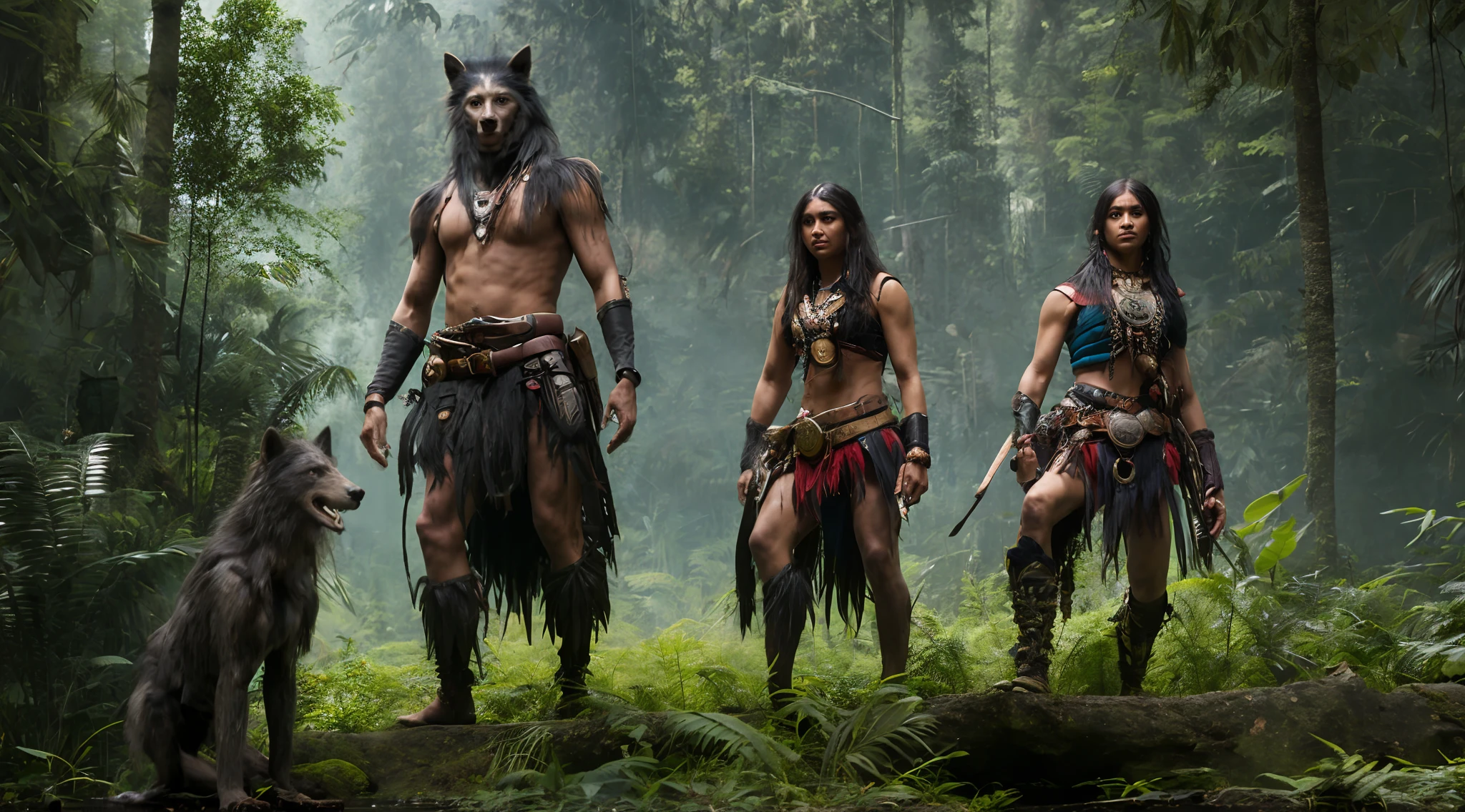 fking_scifi_v2, amazon forest, Indians, werewolf in indigenous costumes, late eighteenth century, realism, photo realism, 8k, 80mm, f/1.8