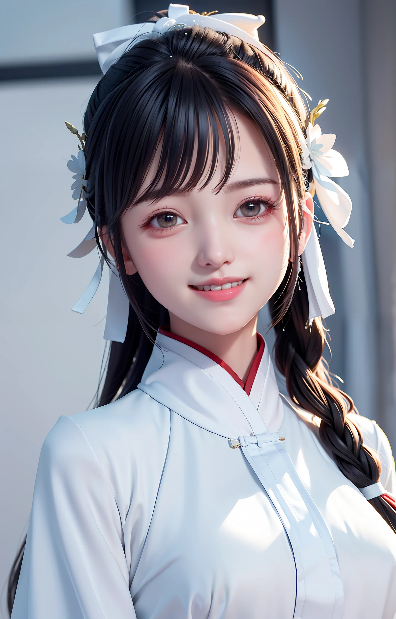 The best quality, masterpieces, white hanfu, Taoist robes, snow scenes. Headgear ribbon, high ponytail, bangs, charming smile, healing smile, beauty that people can't forget when they look at it, large aperture, close-up. Deep view, blurred background.