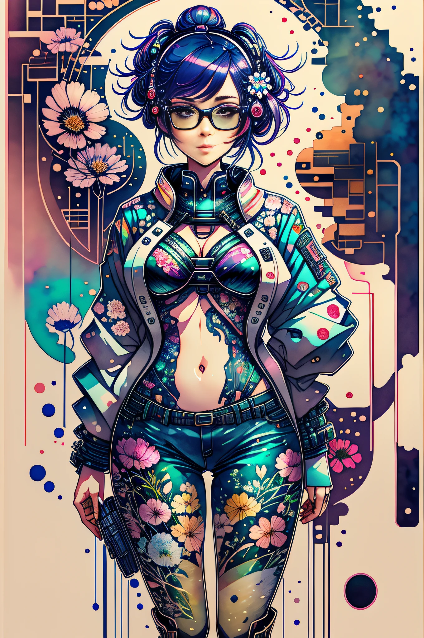 "corpo todo, cores de água, desenho a tinta, Linda mulher ciberpunk, usando óculos digitais inteligentes, fundo floral, no estilo ukiyo-e".