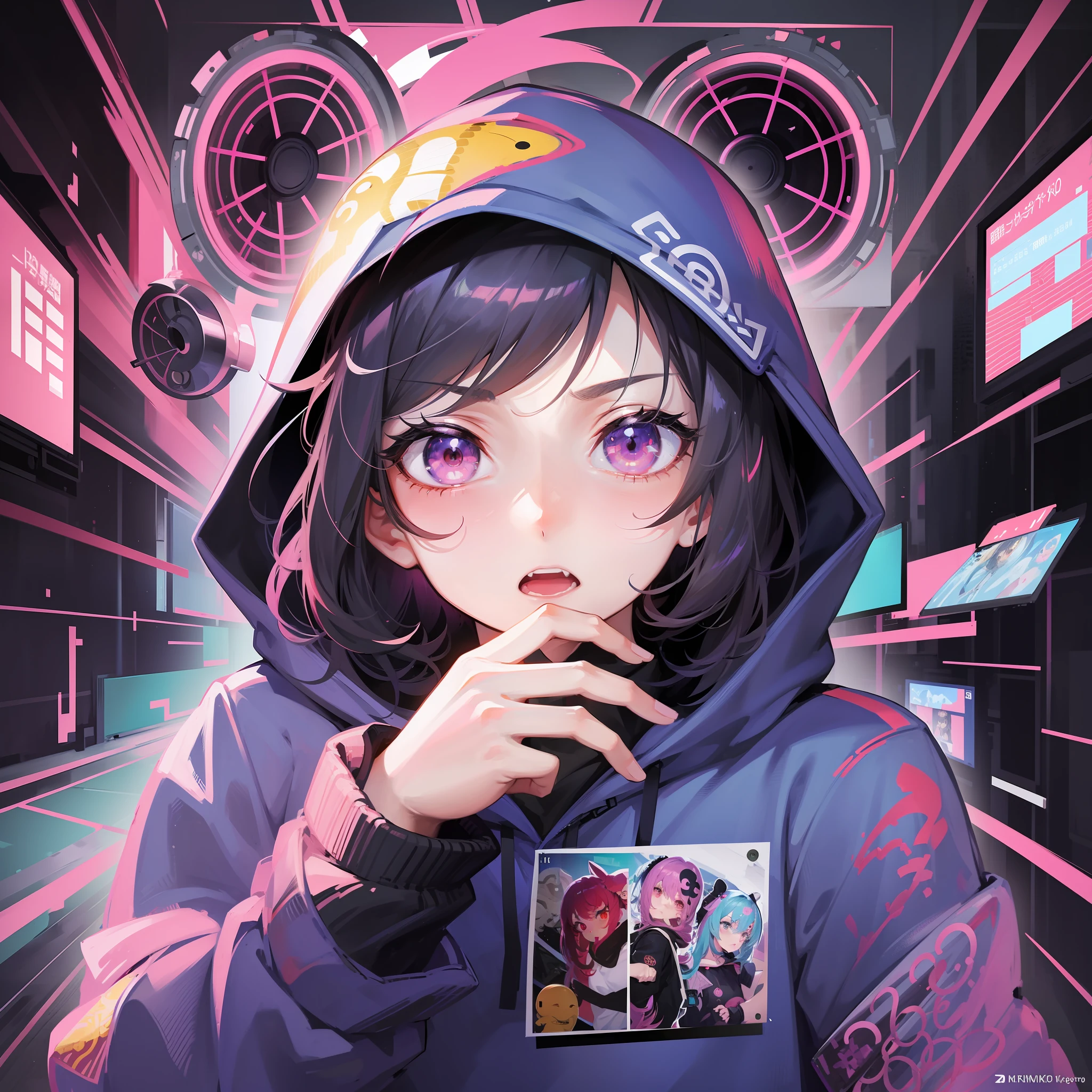 Girl in hoodie, index finger to mouth, facing camera, upper body, chinese snake sticker, key anime art, digital art on projectile break, anime art wallpaper 8K, anime style 4K, badass anime 8K