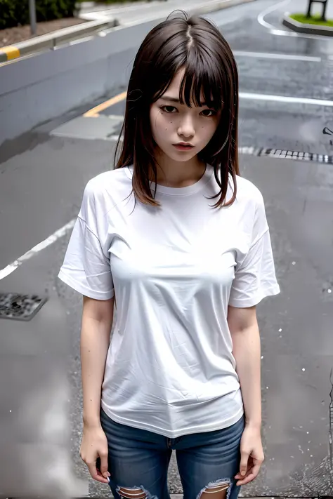 Best Quality, Masterpiece, Ultra High Resolution, (Fidelity: 1.4), Photo, 1 girl, white shirt, torn jeans, white sneakers, dim, darkness, despair, pity, pitiful, movie, tears, teardrops, (torn clothes: 1.5), (wet clothes: 1.4), bare shoulders, real rain, w...