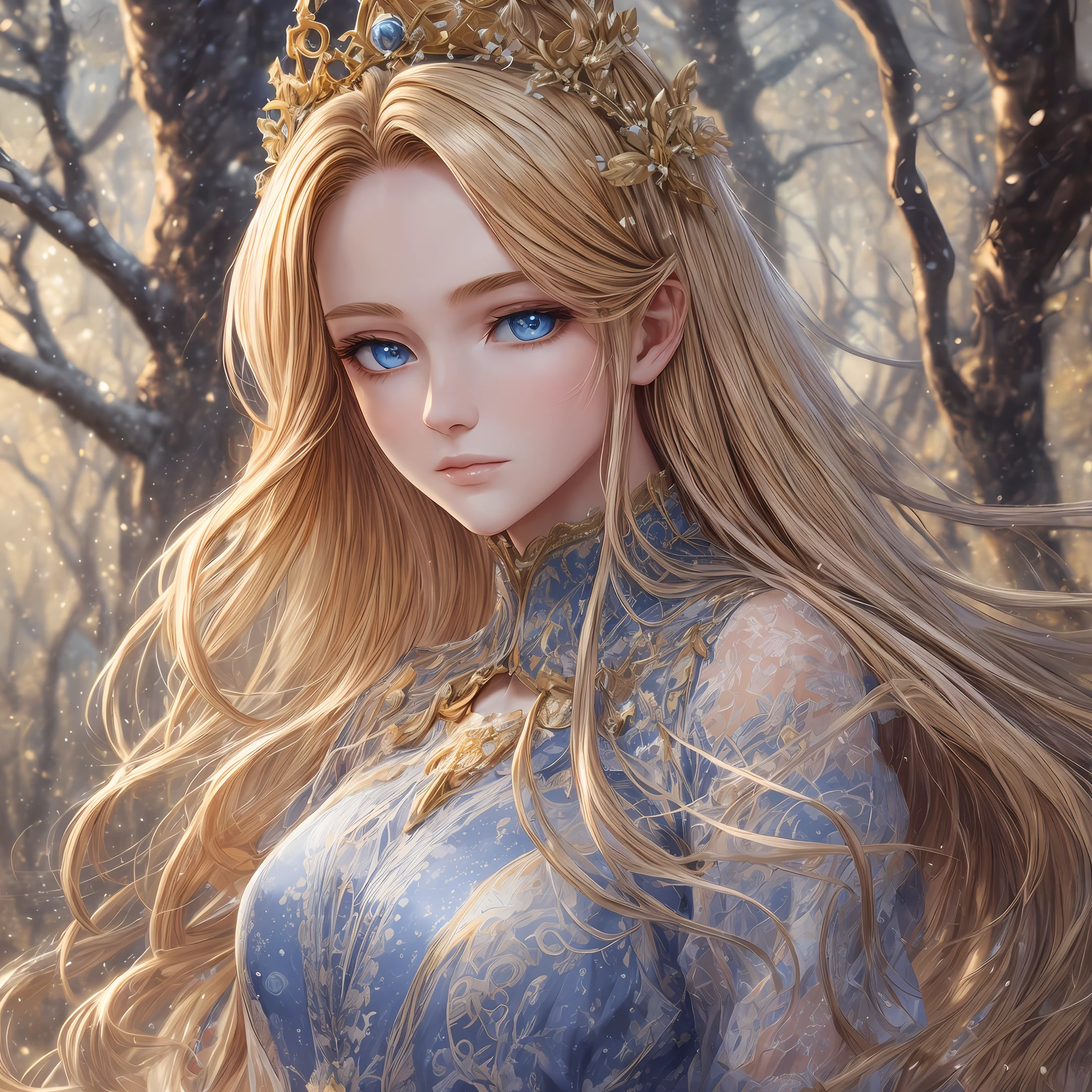 best quality, masterpiece, golden hair, detailed, blue eyes, windy, floating hair, half body, detailed face, winter, trees, sunshine, midriff, crown of flowers, blue dress, flawless, clean, cinematic lighting, cinematic bloom, perfect face, beautiful face, beautiful eyes, see through lace