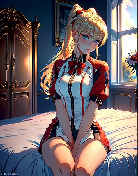 masterpiece, ultra high quality CG, best quality, perfect picture, solo, lidia sobieska (tekken, blonde hair with high ponytail, blue eyes, red hairbow, strong), wearing a sexy karate outfit, sitting on the bed, looking sideways, blushing, shoulders showin...