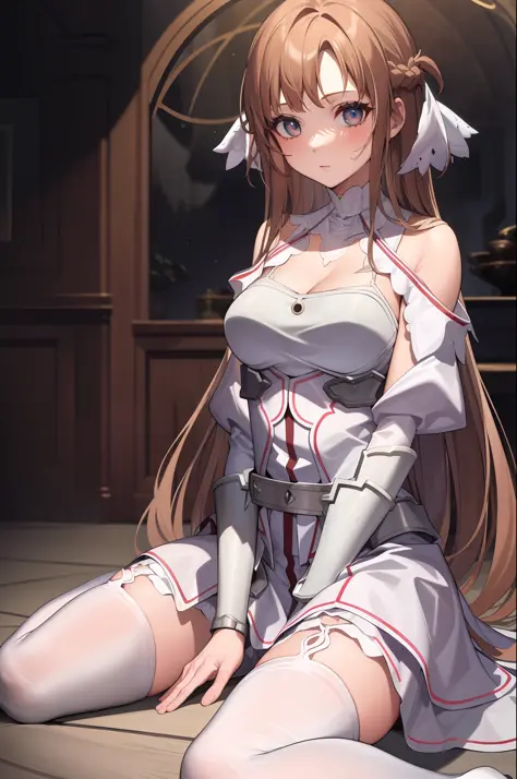 ((masterpiece)), best quality, ultra detailed,(1girl), long hair,beatiful background, indoors,((a dress with white stockings on ...