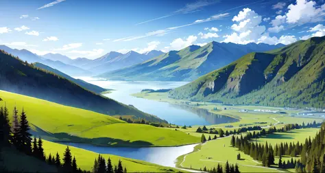 detailed background, masterpiece, top quality, landscape, mountain, river, forest, sun, day, cloud