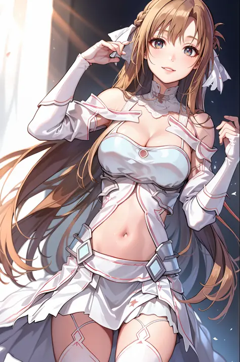 1 female, SAO Asuna's face, Asuna's hairstyle, big ribbon in hair, real beautiful girl, (realistic lips), smile like an angel, BREAK high-definition face, high-definition body, BREAK, off-shoulder cleavage, (open stomach), frilly 3-tier miniskirt, leaning ...