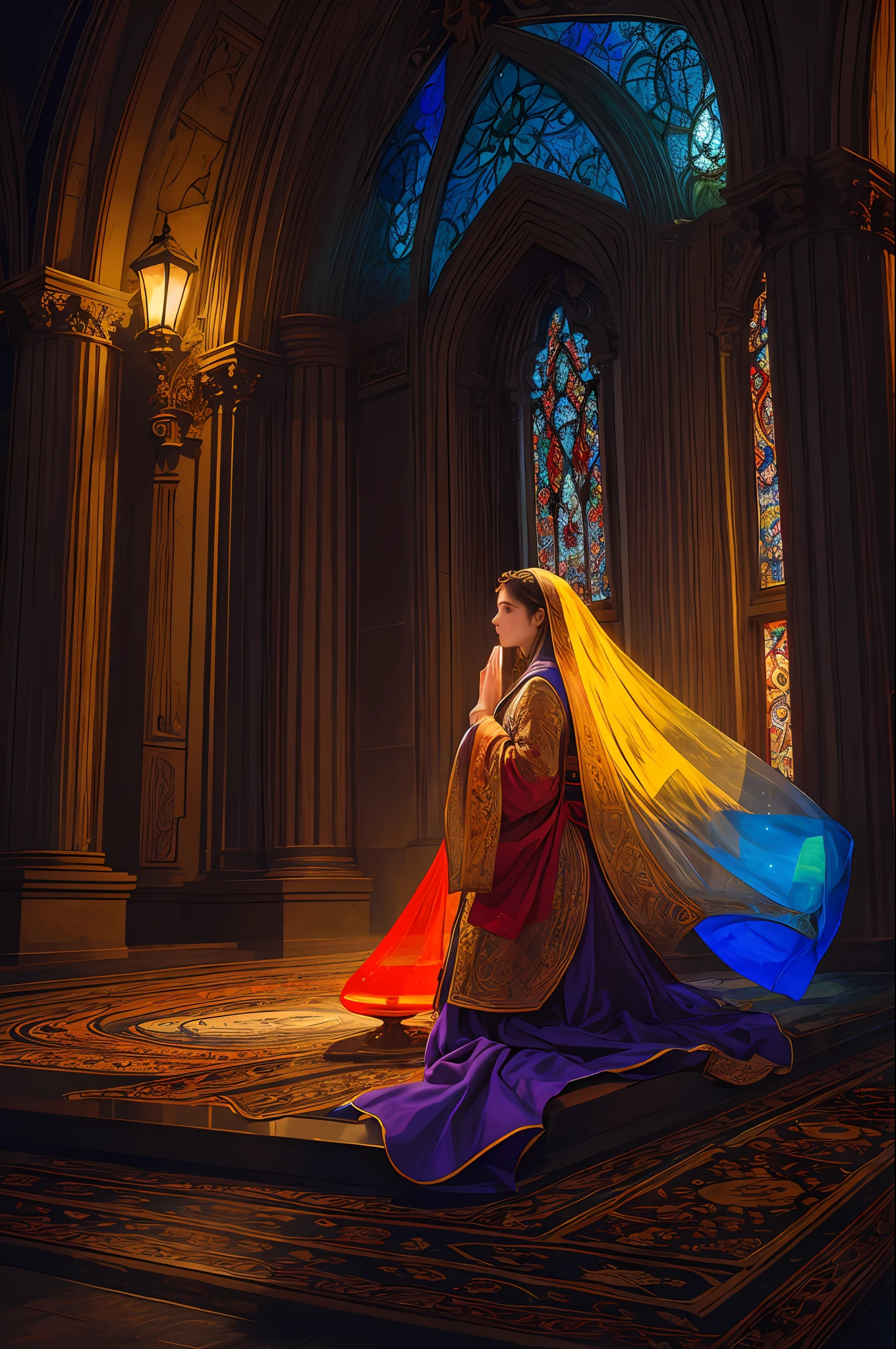 (Masterpiece, Top Quality, Best Quality, Official Art, Beautiful and Aesthetic: 1.2), (Praying Girl: 1.3), BREAK Stained Glass Art, Colored Glass, Lead Line, Light Transmittance BREAK Vivid colors, intricate design, luminous effect, spiritual atmosphere,