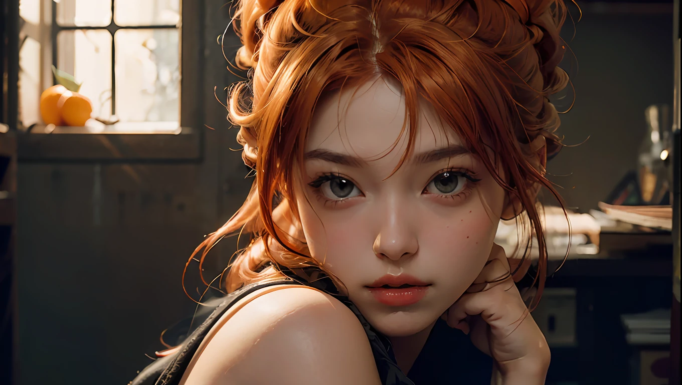 Best quality, masterpiece, ultra high res, (photorealistic: 1.4), raw photo, 1girl, off shoulder, cinematic lighting, kissing poses, (orange hair)