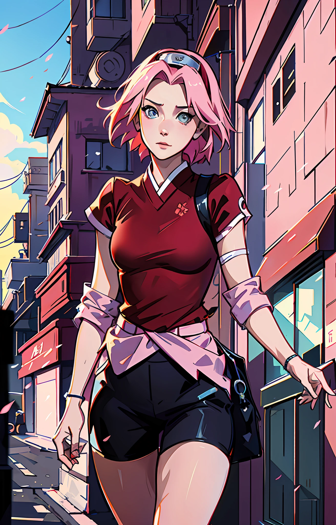 Anime girl marchant dans une rue avec un sac à dos sur son épaule（Haruno  Sakura) - SeaArt AI