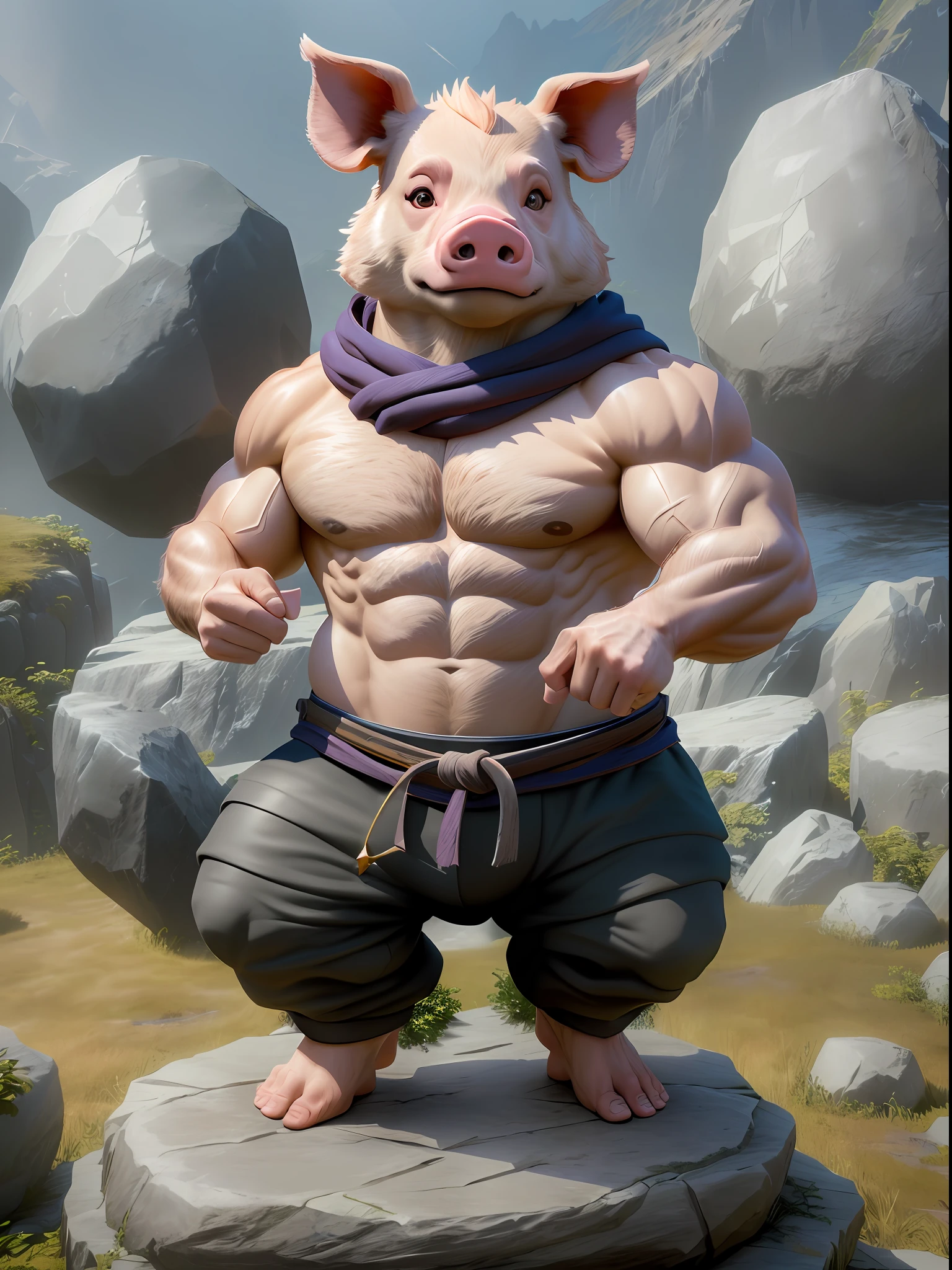 A close up of a pig with a scarf on standing on a rock - SeaArt AI