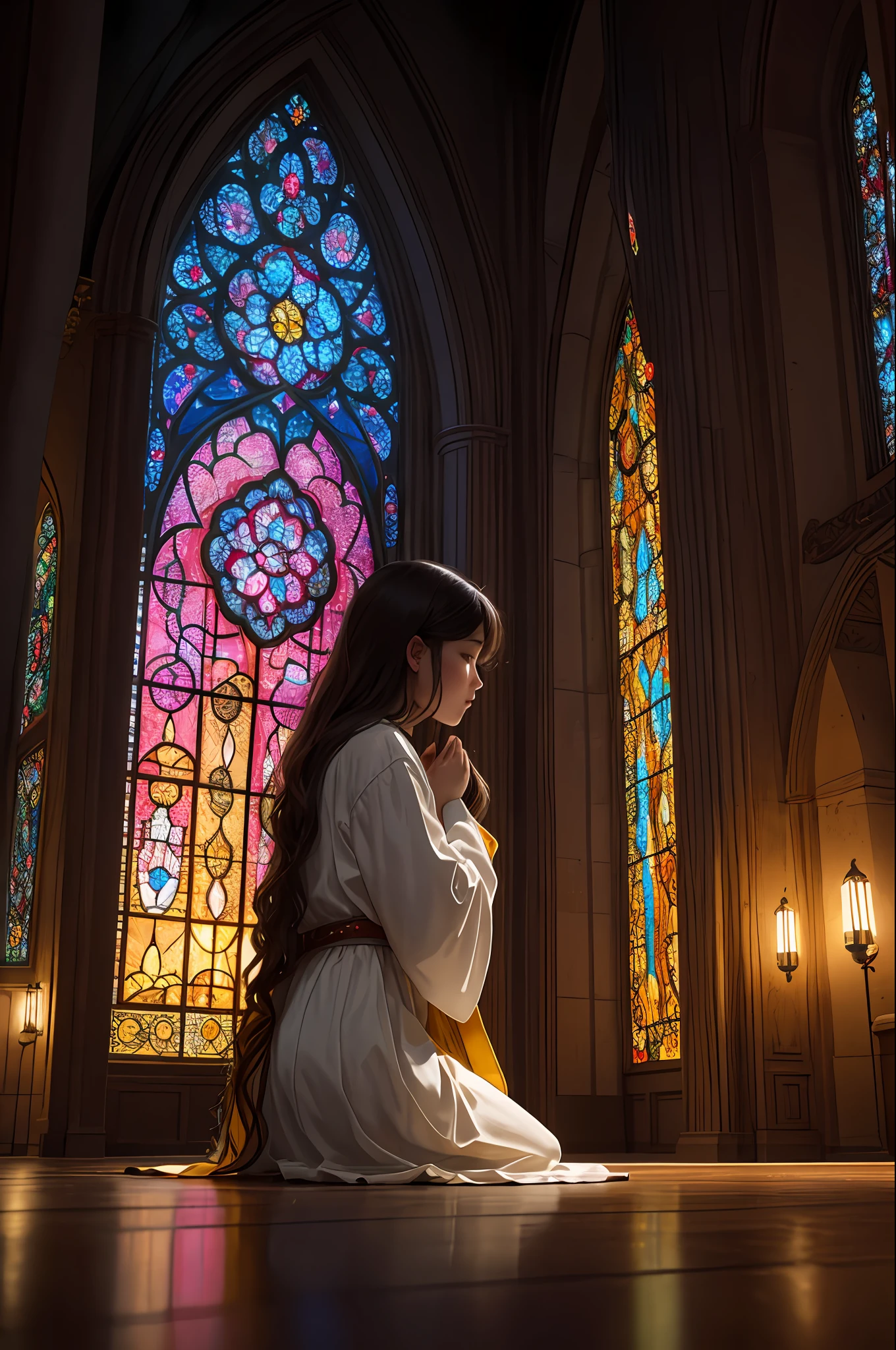 (Masterpiece, Best Quality, Best Quality, Official Art, Beautiful and Aesthetic: 1.2), (Woman in her 40s kneeling in prayer: 1.3), 1 FEMALE BREAK Stained glass art, colored glass, lead line, light transmittance BREAK Vivid colors, intricate design, luminous effects, spiritual atmosphere, very detailed faces, clear hands, (scenes that look very small from a distance), light on the face