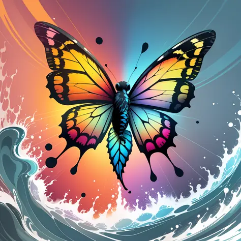 An emblematic logo of a butterfly of vibrant colors, water elements, simple design, vector art, minimal --auto --s2