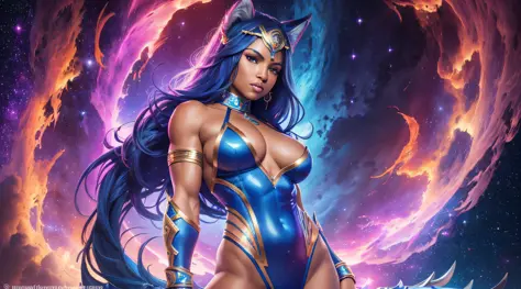 mini\(ttp\), (8k, RAW photo, best quality, masterpiece:1.2), cosmos background, colorful background, clean background, depth of field, sexy blue-skinned wolf-woman flexing, warrior full body, skimpy outfit, close-up shot, posing sideways