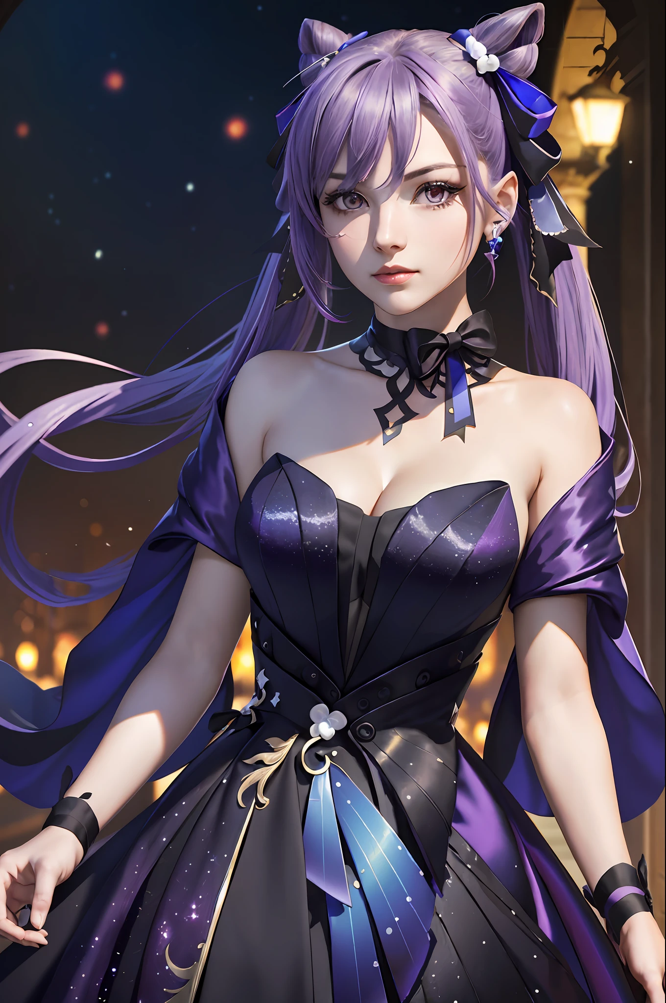 ((photorealistic)), (masterpiece, top quality, best quality, light relflection in his eyes, 1girl, woman), keqing (opulent splendor) (genshin impact), keqing (genshin impact), official alternate costume, dress, cone hair bun, night, strapless dress, looking at viewer, long hair, cleavage, black dress, hair bun, strapless, bare shoulders, purple hair, bangs, bow, detached collar, purple eyes, diamond-shaped pupils, ribbon, double bun, twintails, two-tone dress, medium breasts, hair ornament, black bow, hair ribbon, blue dress, bowtie, hair between eyes