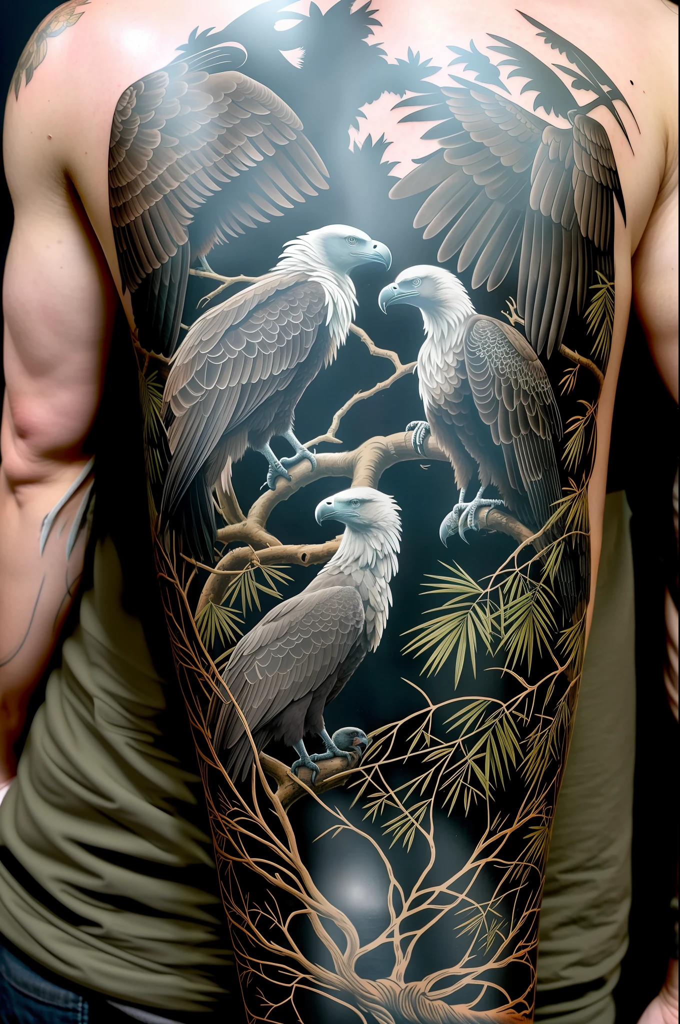 A close up of a man with a tattoo of birds on his back - SeaArt AI