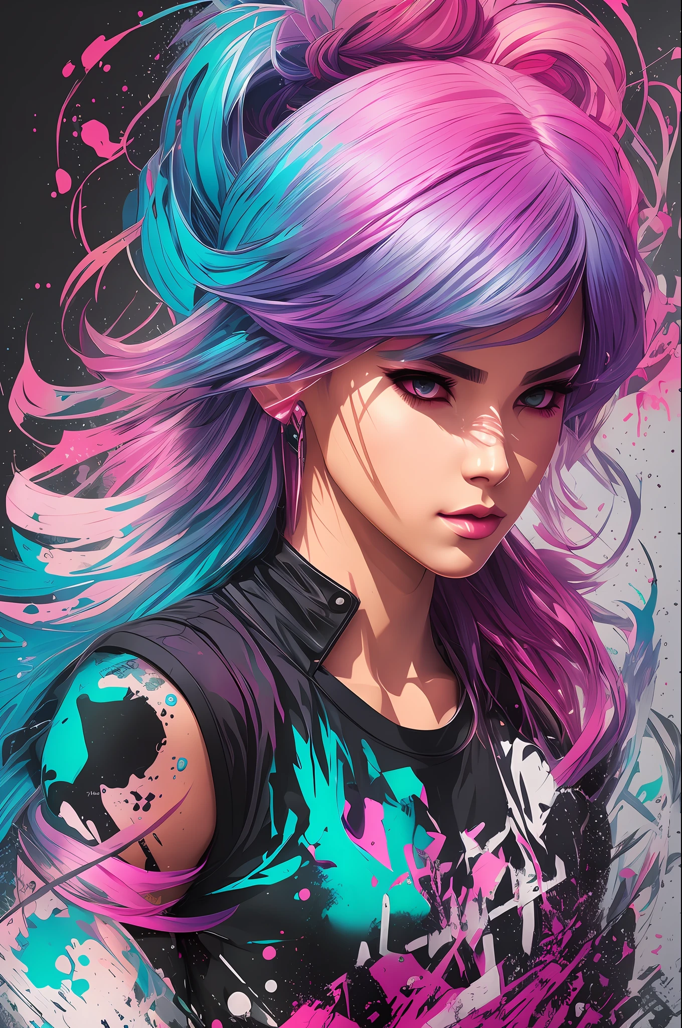 (masterpiece, best illustration, extreme light and shadow), swpunk, synthwave, 1boy, male focus, wild hair colors, award winning half body portrait of a femboy in a long tshirt with ombre navy blue teal hairstyle with head in motion and hair flying, paint splashes, splatter, outrun, vaporware, shaded flat illustration, digital art, trending on artstation, highly detailed, fine detail,  (dynamic angle), depth of field, tattoos, (sidelighting), in the style of stanley lau, art by artgerm, (volumetric lighting),paint splatters --s2