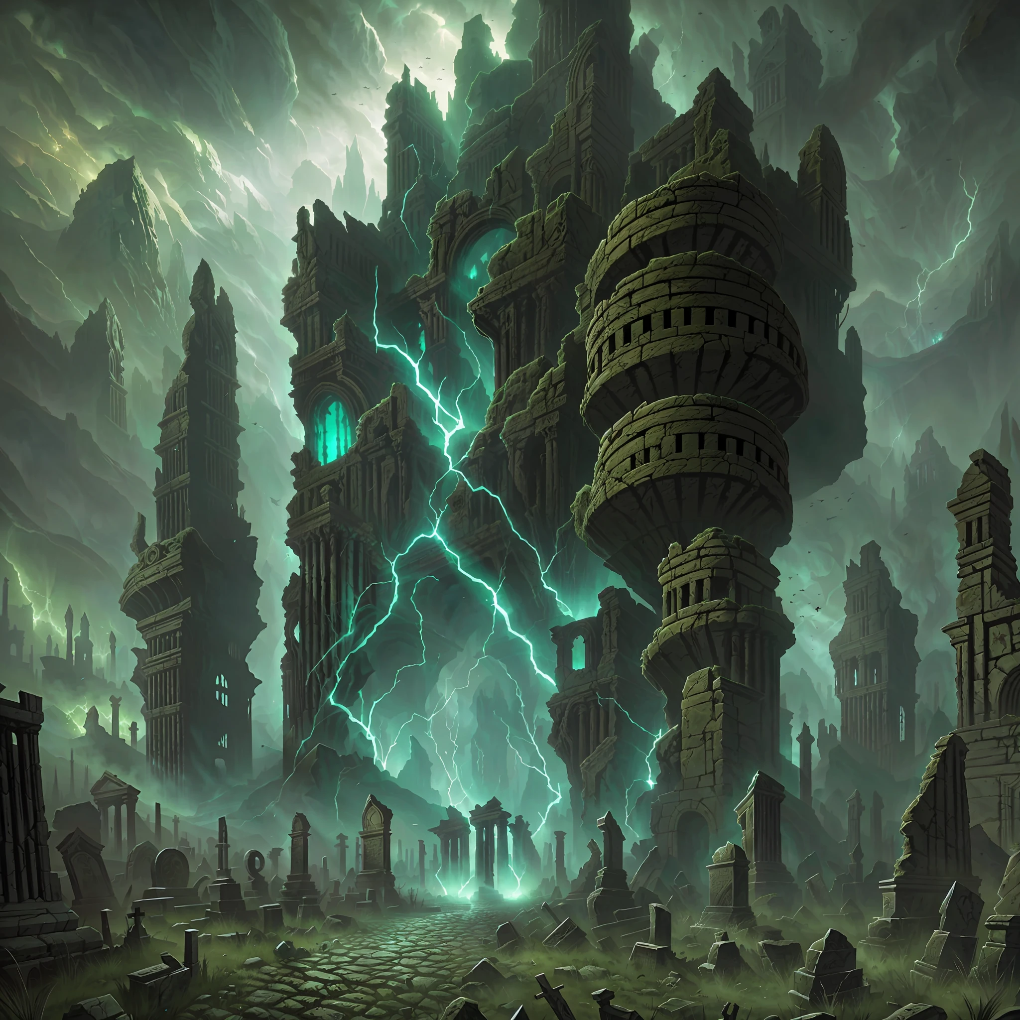 vast scenario of horror, Valle oscuro con abismo, Ilustración digital, Demasiado detallado, HD, ruinas y un antiguo cementerio como fondo, alrededor Sombras fuertes, arte verde por Dan Seagrave