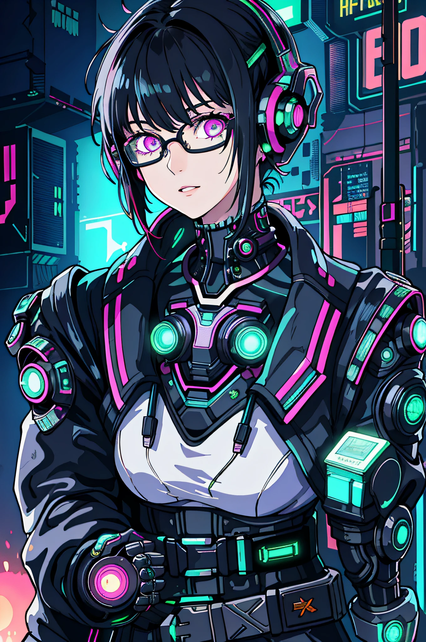 1girl, close-up, intricate details, (cyberpunk:1.4), mechanical arms, eyeglasses, messy hair, (glowing neon armor:1.2), machinery, black background