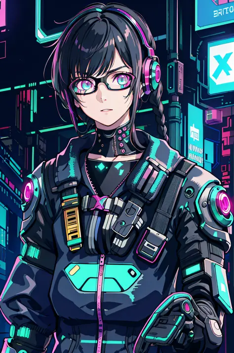 1girl, close-up, intricate details, (cyberpunk:1.4), mechanical arms, eyeglasses, messy hair, (glowing neon armor:1.2), machiner...