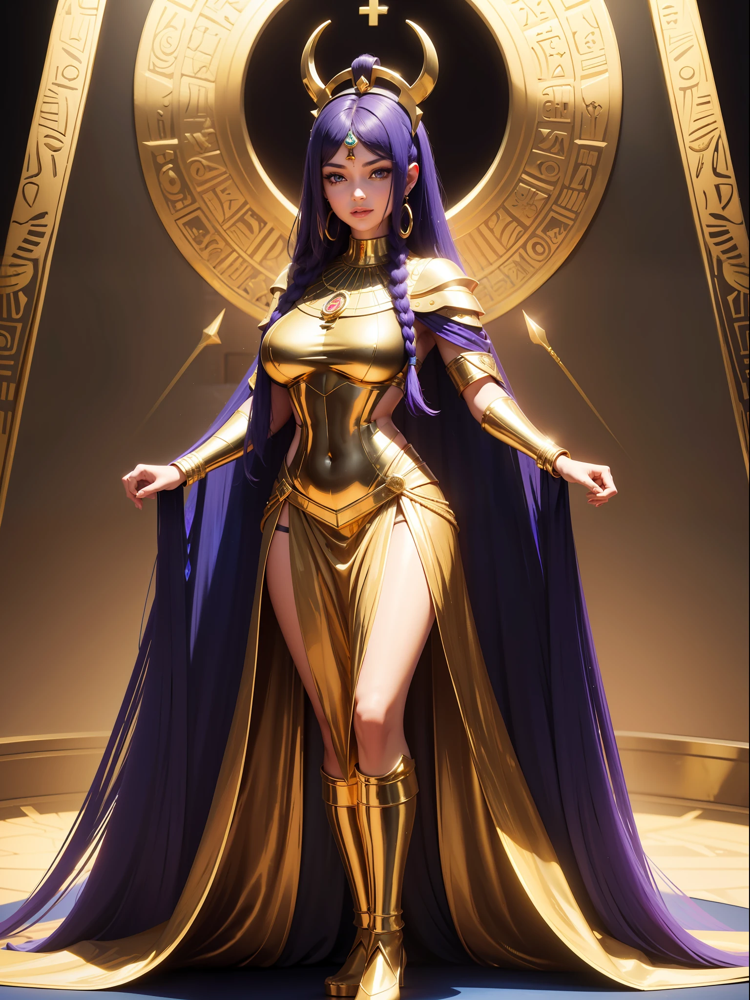 ((全身照,常设, 脚踏实地)), Saria 的胸部很大, 头上长着 emo, 黑色，带金色部分/未来派埃及服装, 她脖子上的埃及项链, 身体非常紧绷, 她位于一座金字塔内，前面是一座祭坛，上面有一座纯金制成的巨型雕像, 她有一头紫色的头发, 蓝眼睛,  双手紧握, 手持纯金权杖,正在看着观众, 微笑, 红颊的脸, 脸上化淡妆, 未来主义, 16千, 超高清, 视网膜, 杰作, 准确, 解剖学上正确, 最好的质量, 高质量, 纹理皮肤