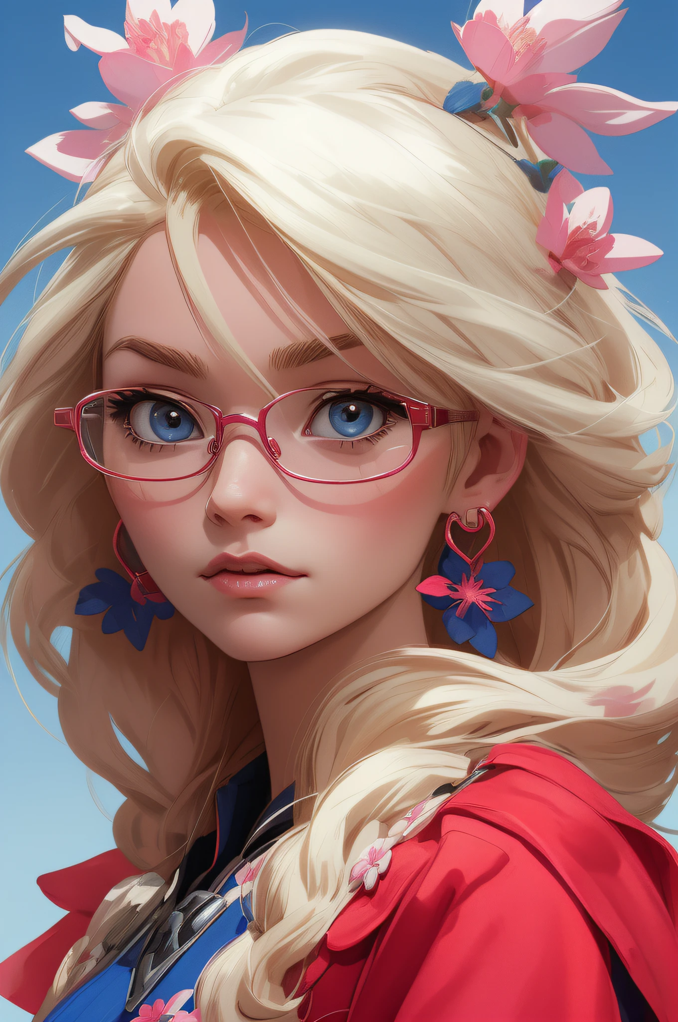 (NIJIFTB), a yellow hair, and long hair, and a cartoon character with glasses, wearing red armor and pink earrings, and a blue dress with pink flowers on the shoulders,