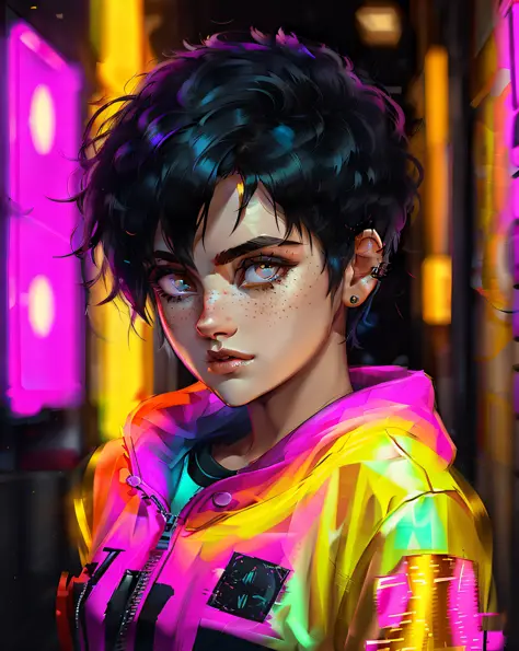 woman with short messy black hair, golden eyes, a square jaw, freckles, 20 years old, wearing streetwear clothes, standing in an...