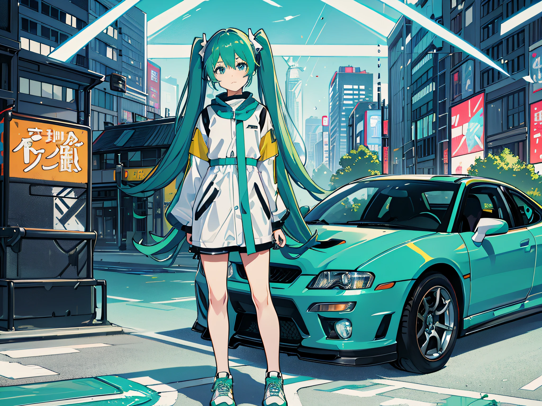 Anime girl standing in front of a car in a city - SeaArt AI