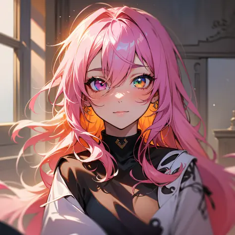masterpiece, best quality, {best quality}, {{masterpiece}}, {highres}, focus, anime style, a closeup of a cartoon of a woman, girl design, portrait, giesha, anime image, long hair, pink hair, heterochromia eyes, hair covering ears, polished and powerful lo...