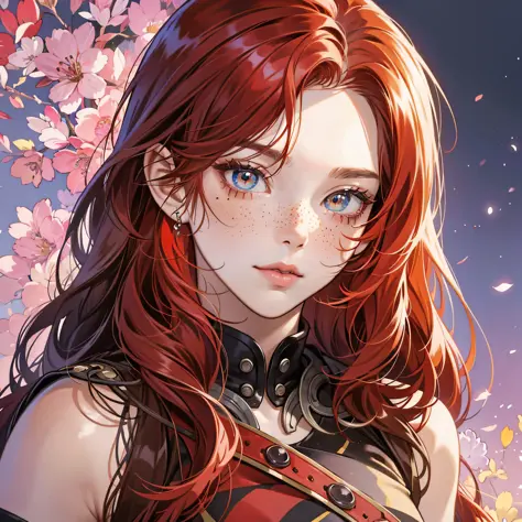 masterpiece, best quality, {best quality}, {{masterpiece}}, {highres}, focus, anime style, a closeup of a cartoon of a woman, girl design, portrait, giesha, anime image, long hair, red hair, redhead, straight eyes, polished and powerful look, exotic, tall,...