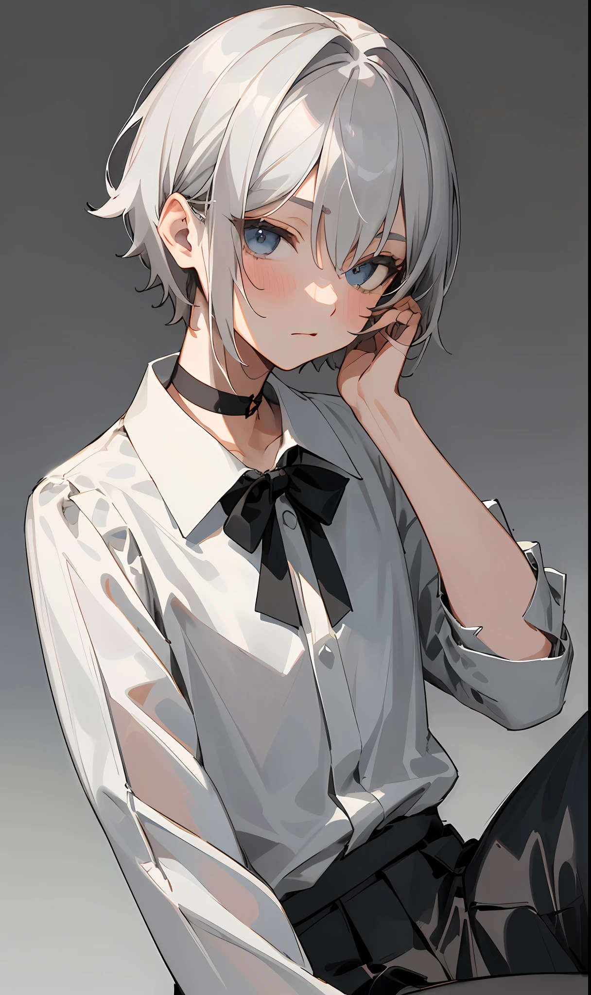 masterpiece, (((highest quality)))), ((super detailed)), ((illustration)),
(((grey_background, simple background))),
1boy, silver_hair, (short_hair), hair_between_eyes, dark_blue_eyes, clavicle,
uninteresting, [blush], looking_at_viewer, sitting, upper body,
(see-through white_collared_shirt, long_sleeves, pleats: 1), black_short_pants, choker, black_pantyhose, x_hair_ornament,