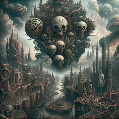 This horror art illustration features a hyper-detailed, mythical landscape viewed from a wide angle top-down perspective. The sc...
