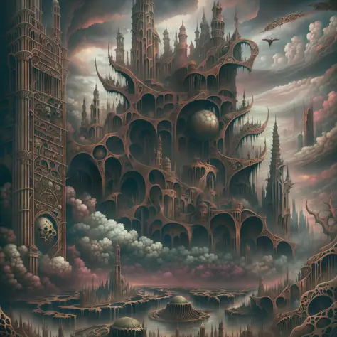 This horror art illustration features a hyper-detailed, mythical landscape viewed from a wide angle top-down perspective. The sc...