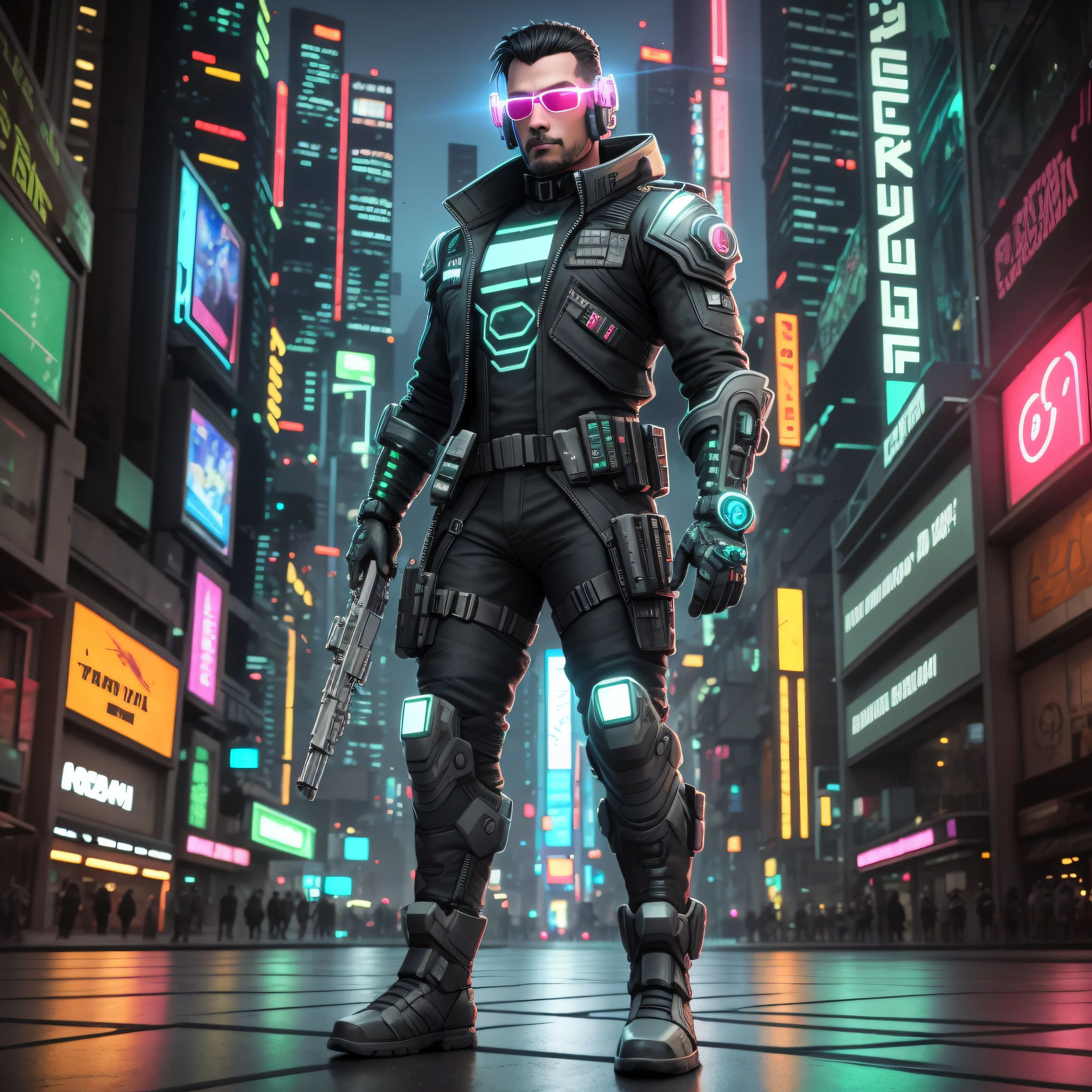 soldat homme cyberpunk, Prise de vue complète du corps, feuille de personnage, 3D, cgi, néon brillant, cyberpunk, ville néon --auto --s2