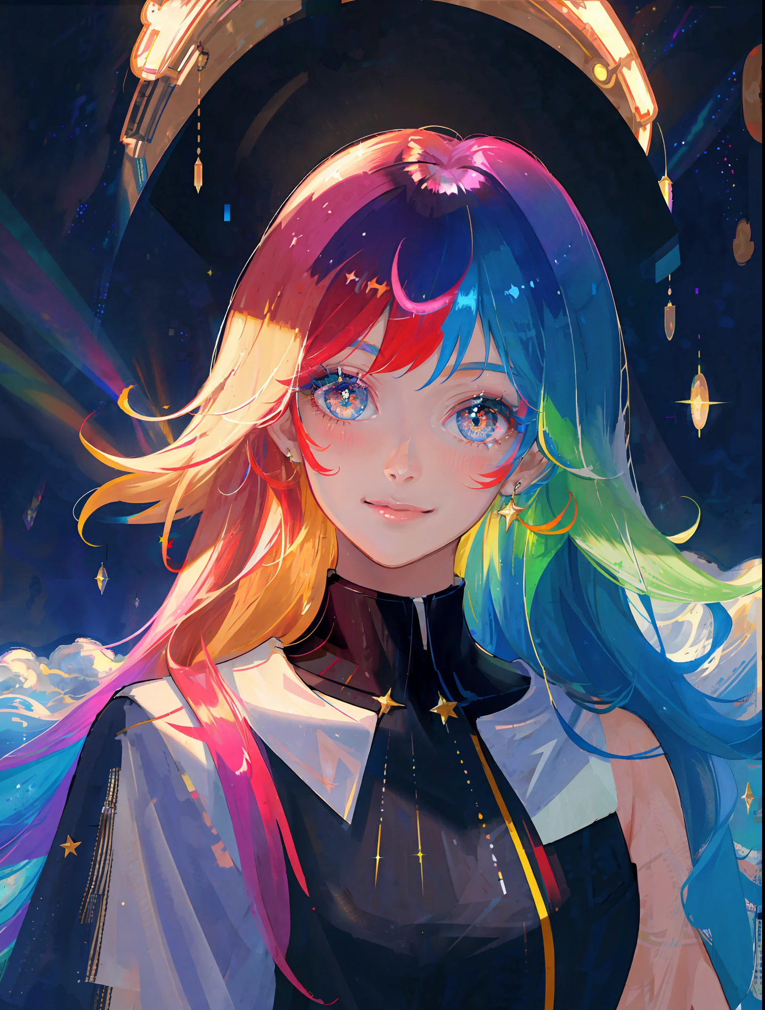 masterpiece, best quality, masterpiece, godlike quality, godlike art, highly detailed face, highly realistic, closeup, face only, cute, young girl, big eyes, long eyelashes, multicolored hair, multicolored eyes, shiny skin, full lips, big lips, shiny skin, blushing, magnificent view, in space, starry background, stars, shining light, multicolored light, spacial explosion, sunrays, multicolored rays, smiling, waving