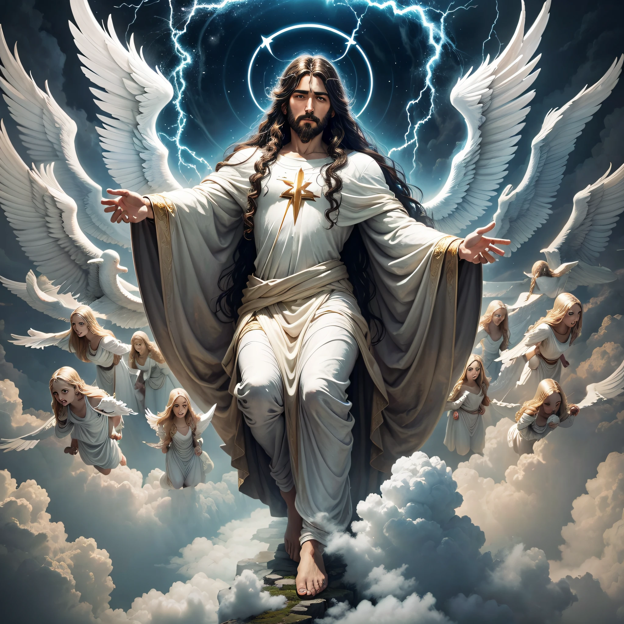 jesus christ descending from heaven with lightning and thousands of angels around --auto --s2