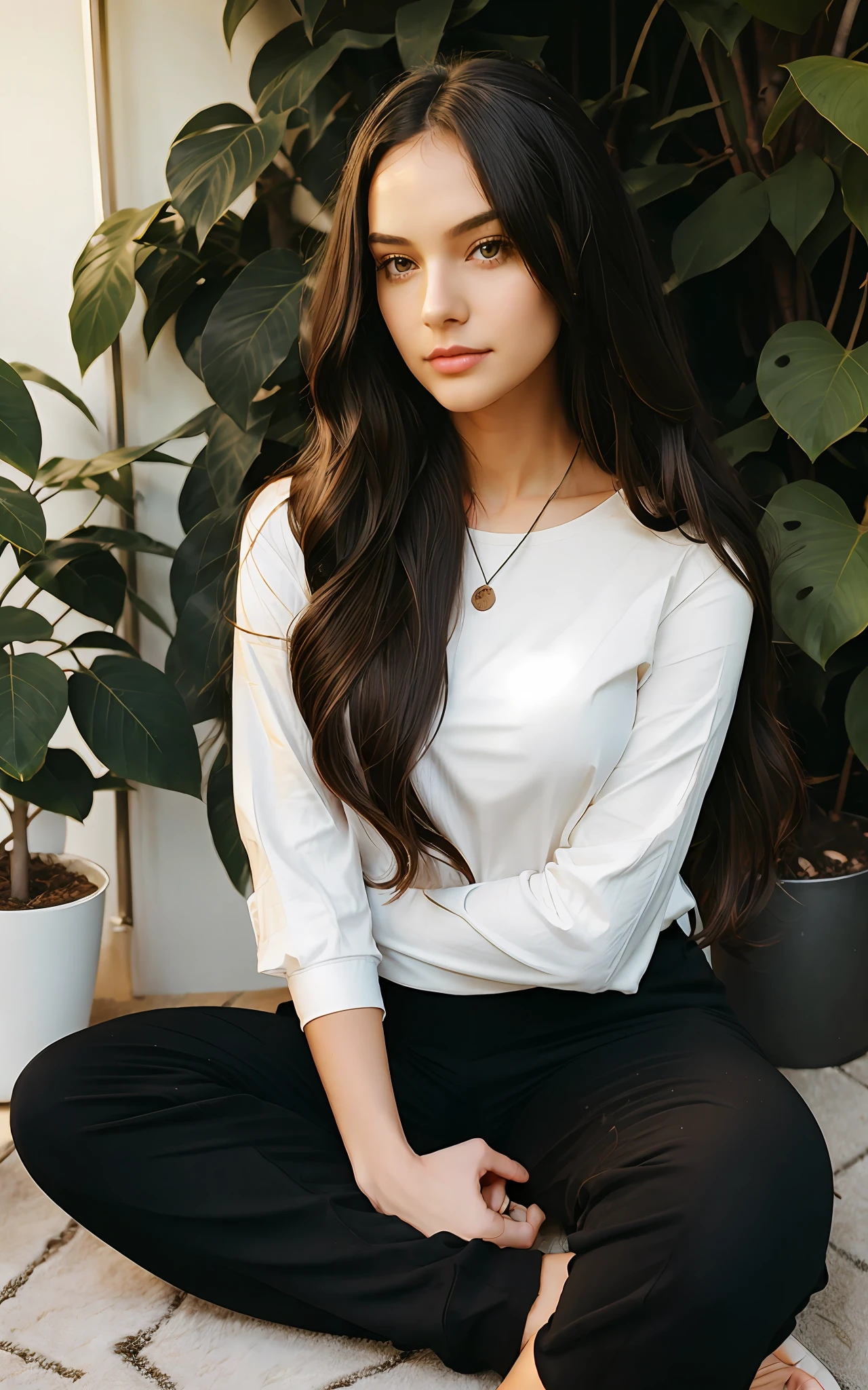 1 adult woman, long hair, curly hair, black hair, brown eyes, sky, plants, long shirt, pants, notebook, sitting