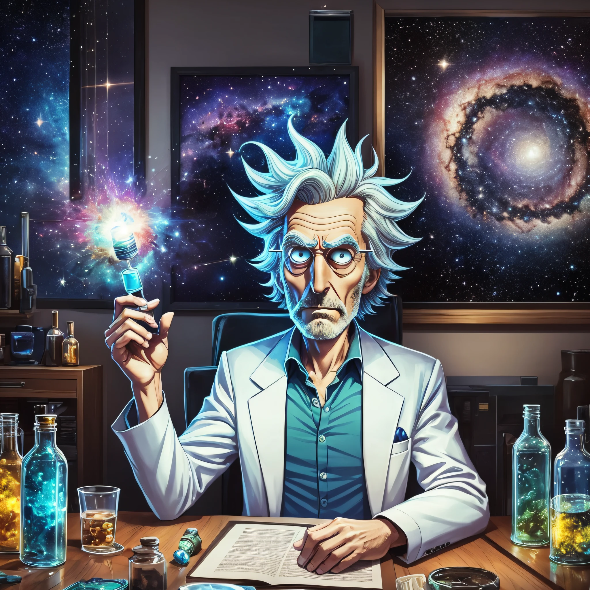 The print has a dark background, in a shade of deep navy blue, which represents outer space. At the center of the print is the character Rick Sanchez, a brilliant, somewhat eccentric and cynical scientist. Rick is in his classic laid-back posture, with a bottle of liquor in one hand and an interdimensional portal open behind him.

Rick is portrayed with his characteristic appearance: shaggy, spiky hair, furrowed brows, and a shrewd, defiant look. He's wearing his white scientist lab coat, which is a bit dirty and worn, displaying a carefree personality towards appearance.

Rick's facial expression is a mixture of sarcasm and genius, capturing his dismissive attitude and sharp intelligence. His blue eyes glow with an intense glow, reflecting his infinite curiosity and his ever-active mind.

Around Rick, there are a few elements that represent the series' frequent concepts and themes. For example, we see some jars of colored substances on a table next to him, which symbolize his scientific experiments and his incessant search for knowledge.

In the lower right corner of the print, there is the "Rick and Morty" logo in a stylized font, with letters that seem to have been drawn with fluid and vibrant strokes, evoking a sense of energy and adventure.

Around the character and the main elements, there are small details in the form of stars and galaxies, which fill the empty space and add a touch of cosmic mystery to the print.

This print captures the striking personality of Rick Sanchez and brings iconic elements of the series "Rick and Morty", providing an authentic representation of the character in an artistic and vibrant style. It's perfect for fans of animation who want to display their admiration for this interdimensionally famous scientist. --auto --s2