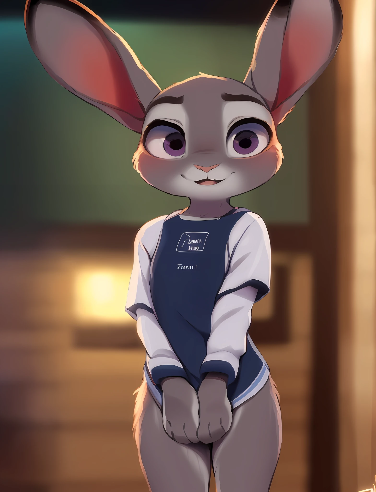 (uploaded on e621,8k, RAW photo,high resolution,high quality), ((masterpiece)), female, ((slim judy hopps)), (wear shirt and bottomless), (front view), (tail) (cinematic lighting), backlighting, (shaded), detailed background, by dagasi, (by personalami), [by Ruan Jia],