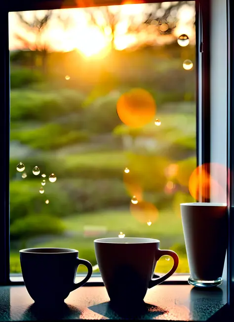 create a relaxing image, from a window with orange sunrise light, small droplets of water on the glass, lavender plants outside ...