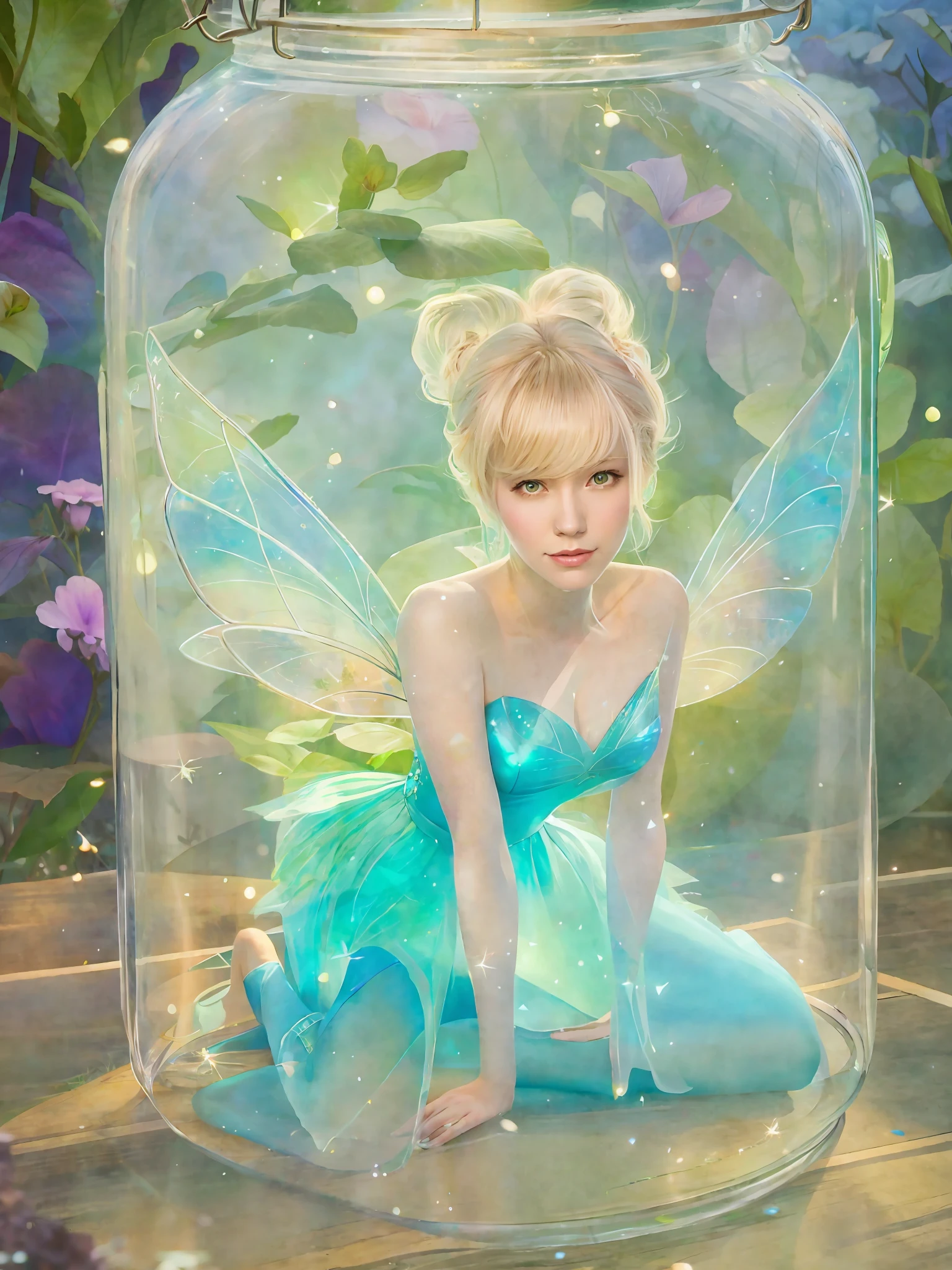 there is a woman sitting in a glass jar with a fairy on it, tinkerbell, photorealistic disney, pixie character, fairy aesthetics, ross tran!!!, in the style of ross tran, ross tran style, fanart best artstation, inspired by Ross Tran, loish and ross tran, ross tran 8 k, ross tran and artgerm, disney photo realistic