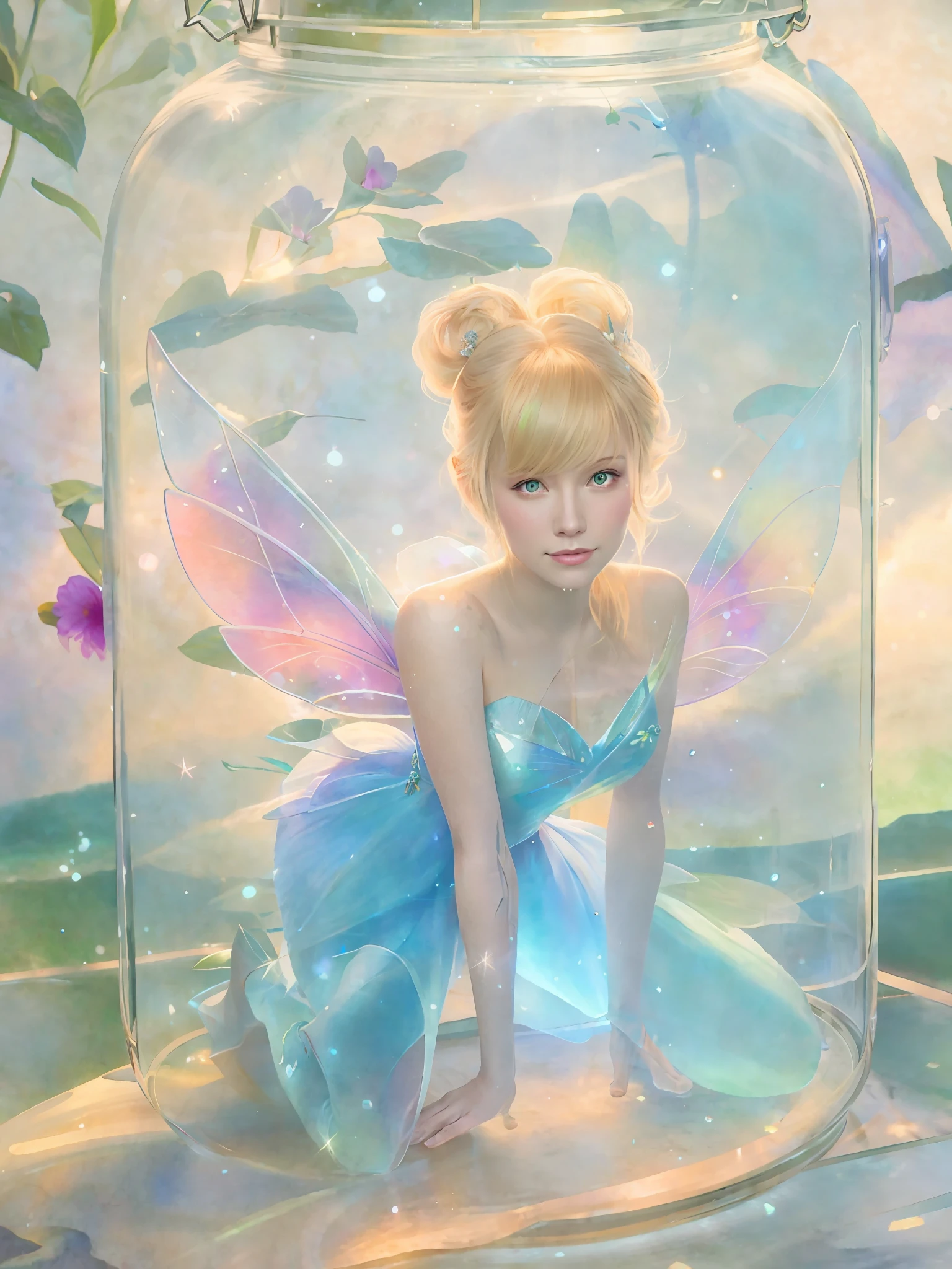 there is a woman sitting in a glass jar with a fairy on it, tinkerbell, photorealistic disney, pixie character, fairy aesthetics, ross tran!!!, in the style of ross tran, ross tran style, fanart best artstation, inspired by Ross Tran, loish and ross tran, ross tran 8 k, ross tran and artgerm, disney photo realistic