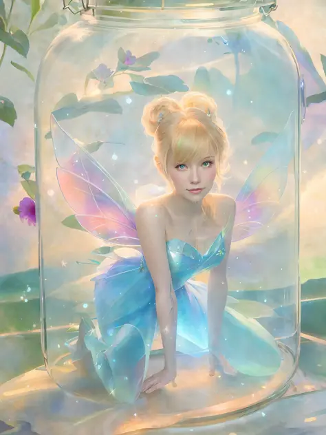 there is a woman sitting in a glass jar with a fairy on it, tinkerbell, photorealistic disney, pixie character, fairy aesthetics...