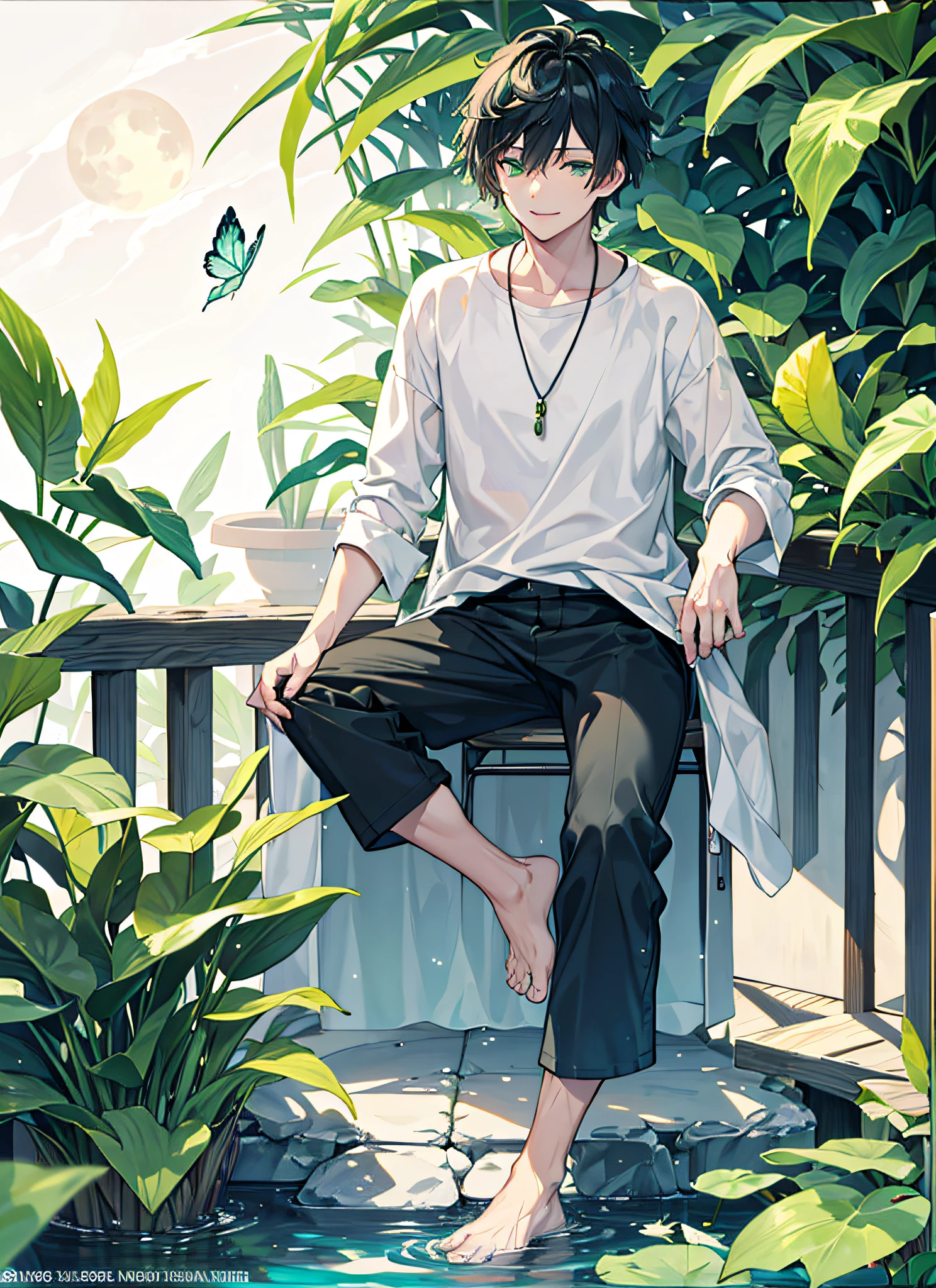 full_moon, leaf, moon, plant, potted_plant, bamboo, 1guy, handsome man, palm_tree, butterfly, bug, water, tanabata, branch, barefoot, night, lily_pad, tanzaku, soaking_feet, vines, solo, outdoors, tree, very short black hair, wet, flower, smile, ivy, green_eyes, pants, lily_of_the_valley, sky, blue_butterfly, looking_at_viewer, palm_leaf, casual clothes, ((masterpiece,best quality)), beautiful detailed eyes, beautiful detailed face