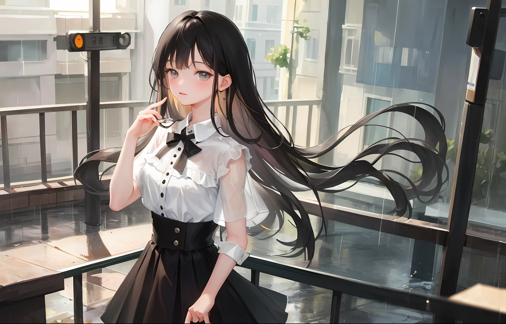 ((best quality)), (masterpiece: 1.2), (delicate and beautiful girl), illustration, 1girl, black hair, very long hair, black eyes, viewer look, rain, rainy day, white blouse, uniform, town car, street, traffic light,