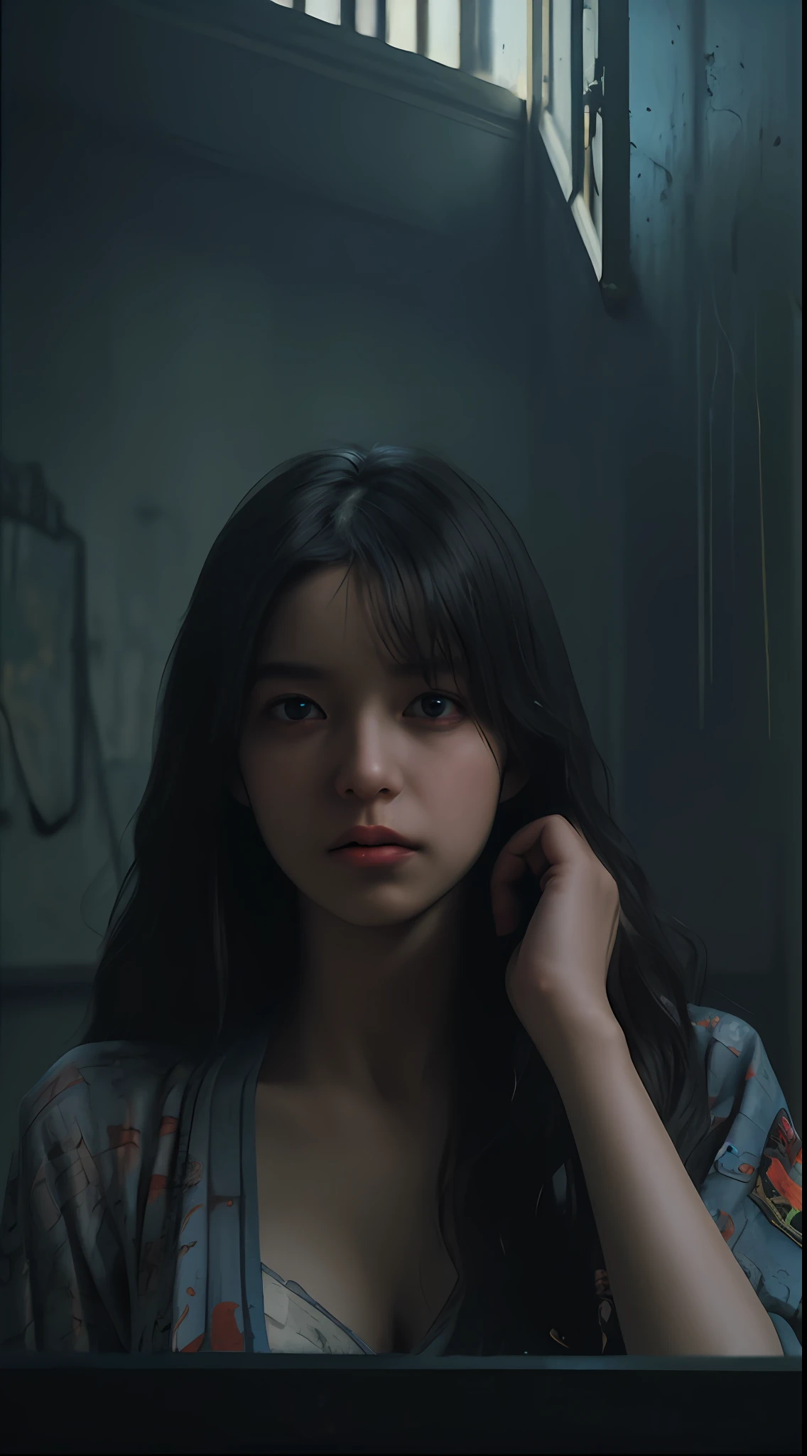 A sad Japan 20-year-old college girl wandering in an abandoned building under a dark sky, depicting a room, changing angles every time an image is generated, sometimes reflecting her whole body, The room is sitting on her unmade bed, The light enters only through one window, so you can see only a few objects and the beautiful body lines of the woman. Dark theme, underworld theme, masterpiece of deviant art, color grading, dark illustrations, extreme quality, highly detailed, ultra detailed face, ultra HD 8k, dark lightning, concept art portrait by Greg Rutkowski, artgerm, ultra detailed, intricately detailed gothic art, triad colors, fantastic and intricate details, splash screen, complementary colors , fantasy concept art, 8k resolution, oil painting, heavy strokes, soft lighting, film photography, analog photography, angle changes every time an image is generated,film grain, anna dittmann, hyperrealism, oil dripping