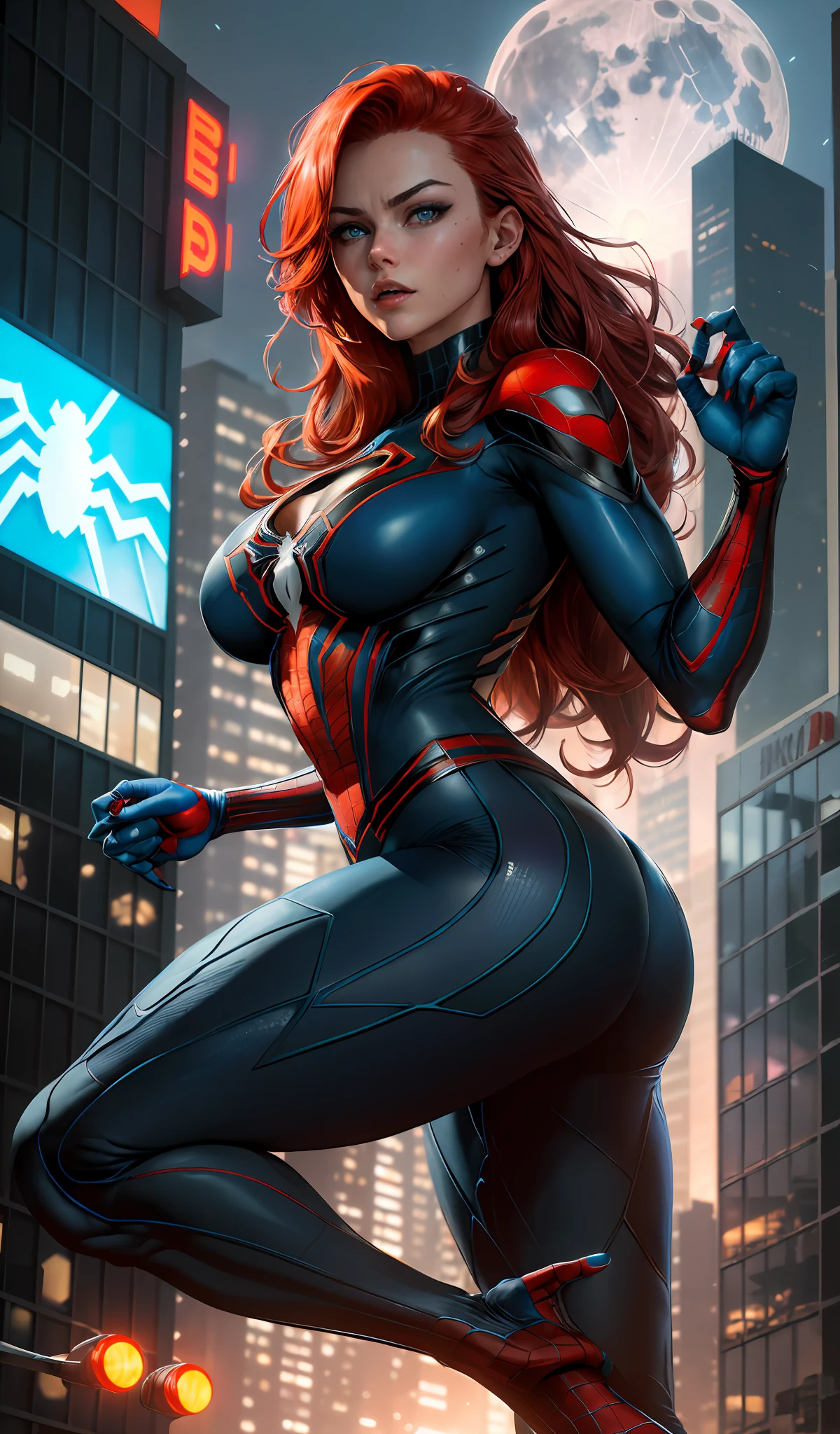 A woman in a black suit and red hair standing in front of a city - SeaArt AI