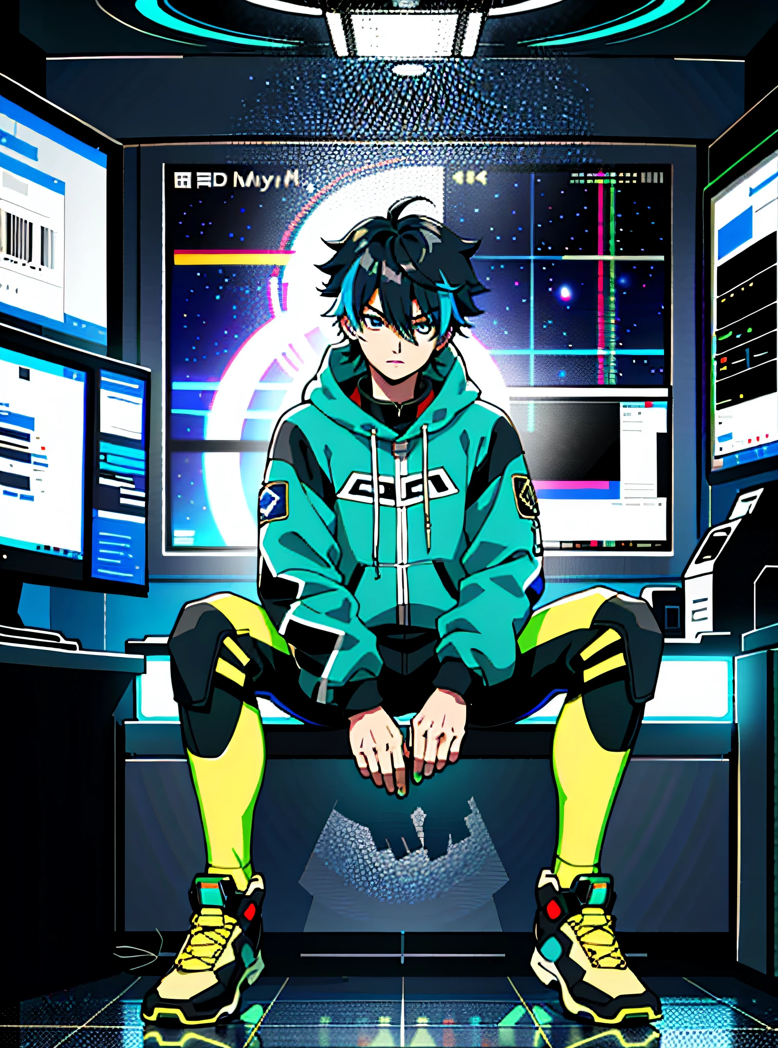 hacker boy, extremely detailed, sitting, menacing, (grainy: 0.5), serious, window, space station, multicolored lights, messy hair blue, dark, extremely detailed high quality clothes, full body clothes, lights on clothing, 4k, 8k uhd